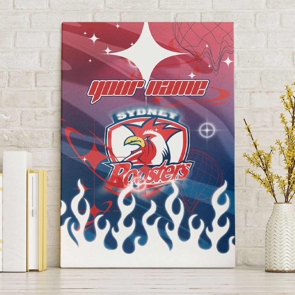 Personalized Sydney Roosters Canvas Wall Art Y2K Grunge Aesthetic With Cyber Flames and Starburst Graphics