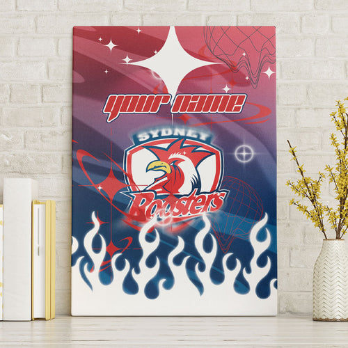 Personalized Sydney Roosters Canvas Wall Art Y2K Grunge Aesthetic With Cyber Flames and Starburst Graphics