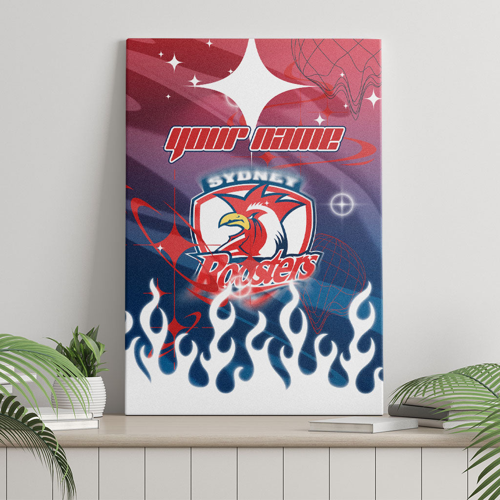 Personalized Sydney Roosters Canvas Wall Art Y2K Grunge Aesthetic With Cyber Flames and Starburst Graphics