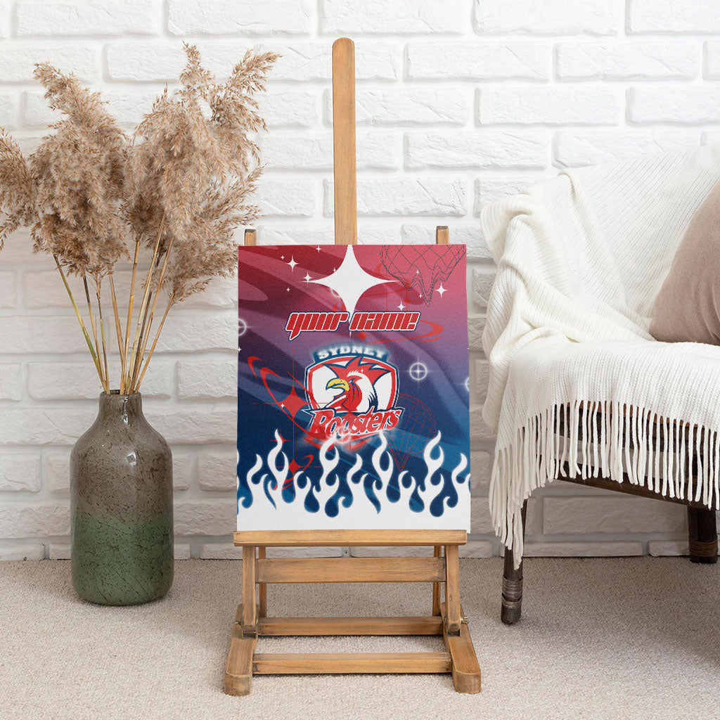 Personalized Sydney Roosters Canvas Wall Art Y2K Grunge Aesthetic With Cyber Flames and Starburst Graphics