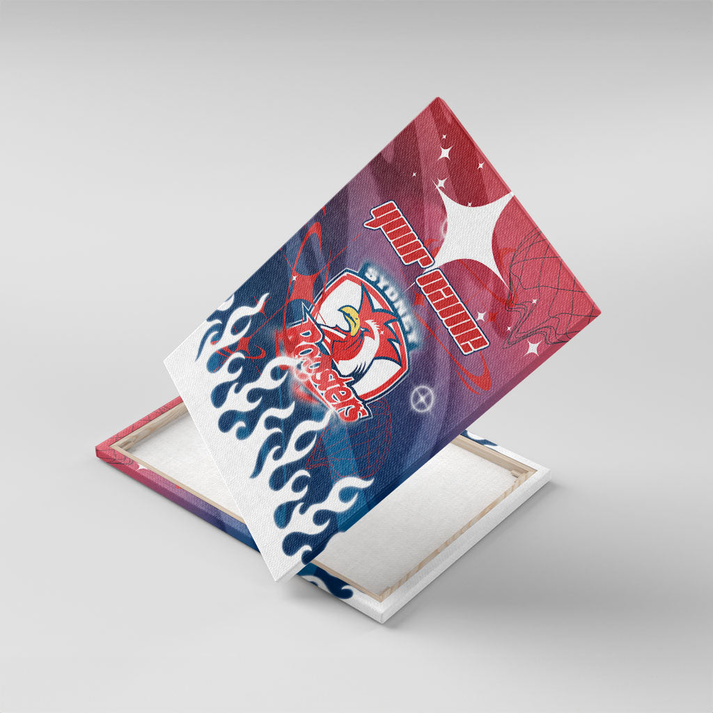 Personalized Sydney Roosters Canvas Wall Art Y2K Grunge Aesthetic With Cyber Flames and Starburst Graphics