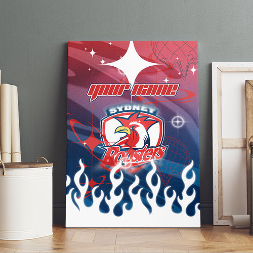 Personalized Sydney Roosters Canvas Wall Art Y2K Grunge Aesthetic With Cyber Flames and Starburst Graphics