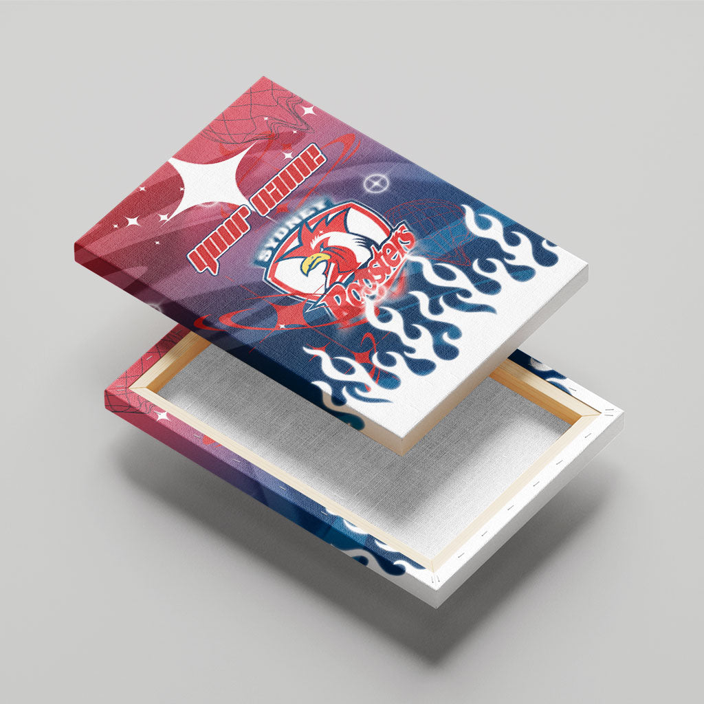 Personalized Sydney Roosters Canvas Wall Art Y2K Grunge Aesthetic With Cyber Flames and Starburst Graphics