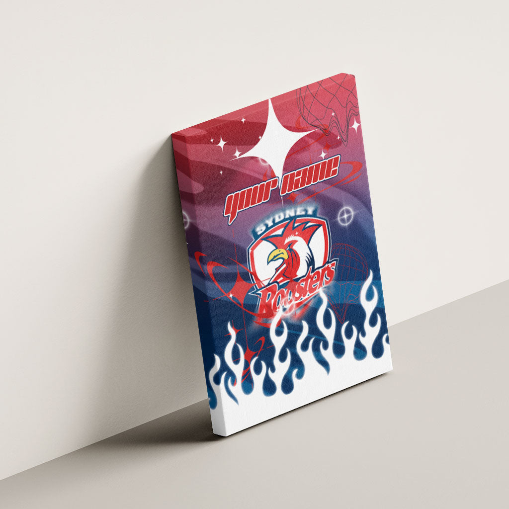 Personalized Sydney Roosters Canvas Wall Art Y2K Grunge Aesthetic With Cyber Flames and Starburst Graphics