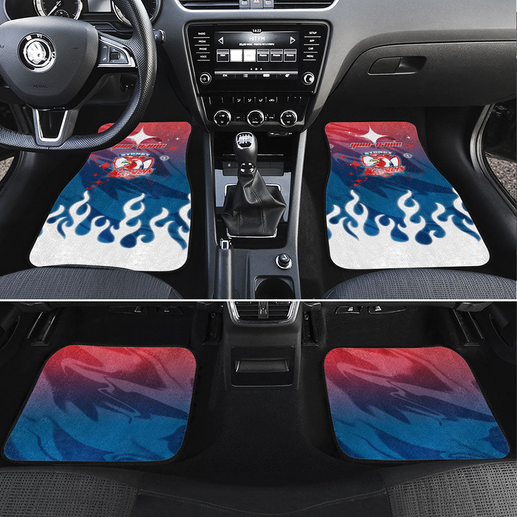 Personalized Sydney Roosters Car Mats Y2K Grunge Aesthetic With Cyber Flames and Starburst Graphics