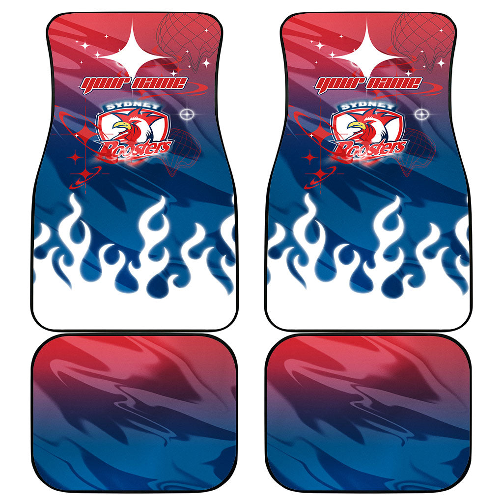 Personalized Sydney Roosters Car Mats Y2K Grunge Aesthetic With Cyber Flames and Starburst Graphics