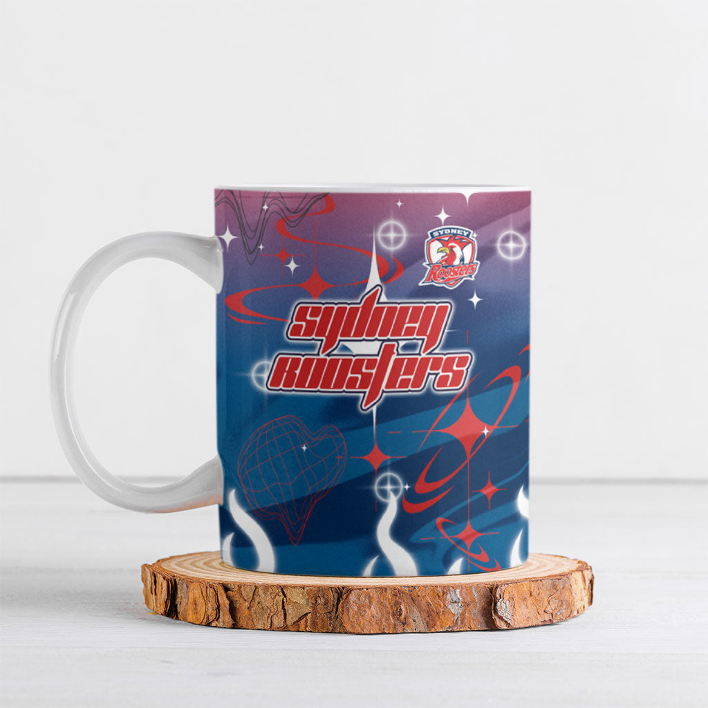 Personalized Sydney Roosters Ceramic Mug Y2K Grunge Aesthetic With Cyber Flames and Starburst Graphics