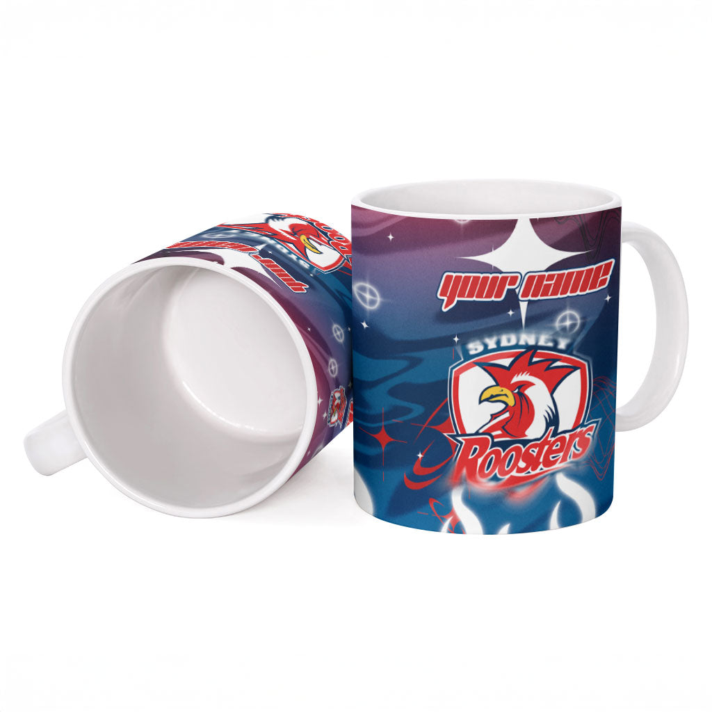Personalized Sydney Roosters Ceramic Mug Y2K Grunge Aesthetic With Cyber Flames and Starburst Graphics