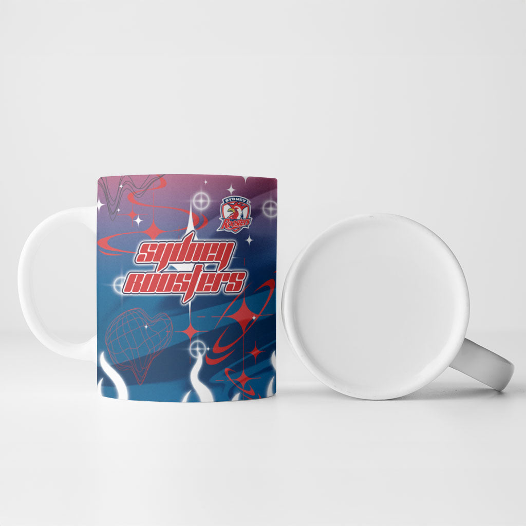 Personalized Sydney Roosters Ceramic Mug Y2K Grunge Aesthetic With Cyber Flames and Starburst Graphics
