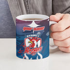 Personalized Sydney Roosters Ceramic Mug Y2K Grunge Aesthetic With Cyber Flames and Starburst Graphics