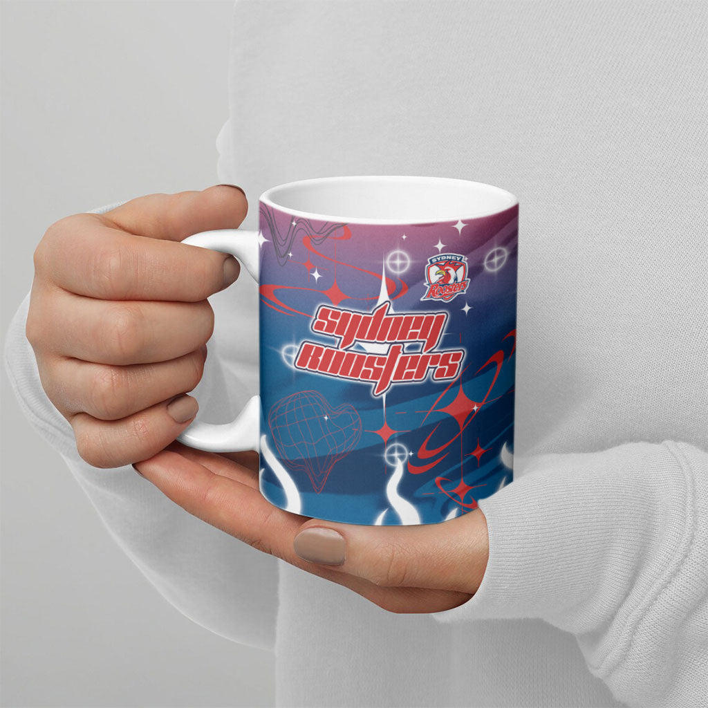 Personalized Sydney Roosters Ceramic Mug Y2K Grunge Aesthetic With Cyber Flames and Starburst Graphics