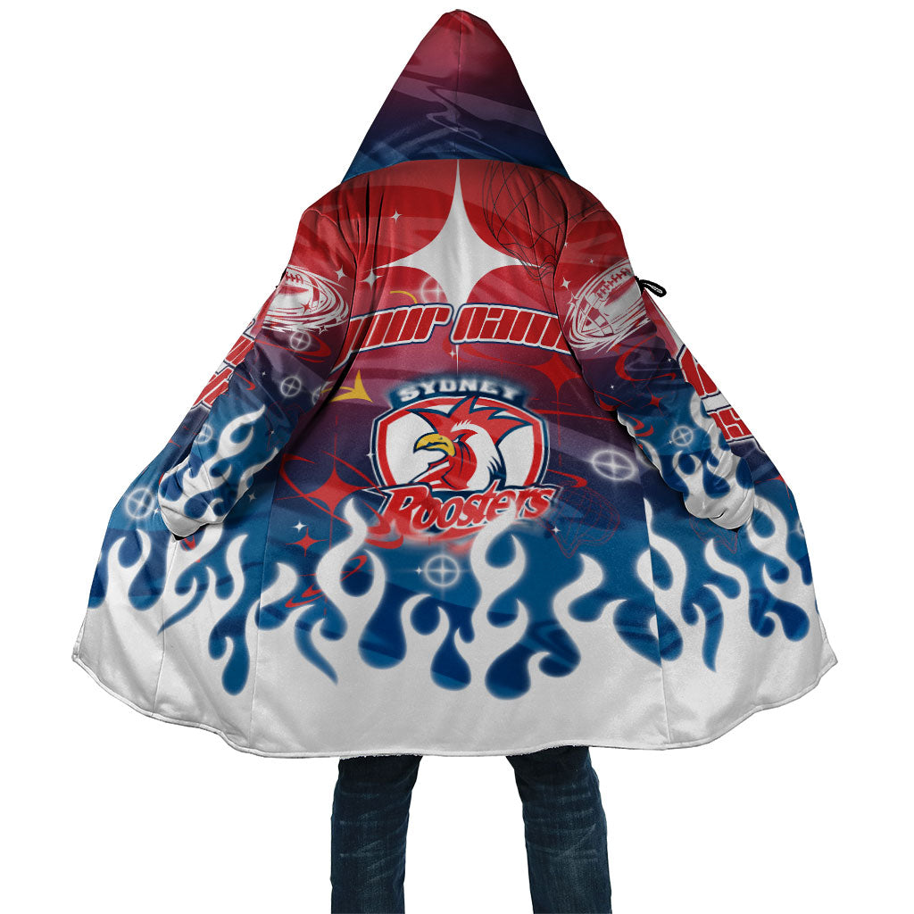 Personalized Sydney Roosters Cloak Y2K Grunge Aesthetic With Cyber Flames and Starburst Graphics