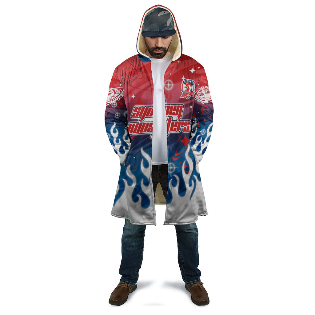Personalized Sydney Roosters Cloak Y2K Grunge Aesthetic With Cyber Flames and Starburst Graphics