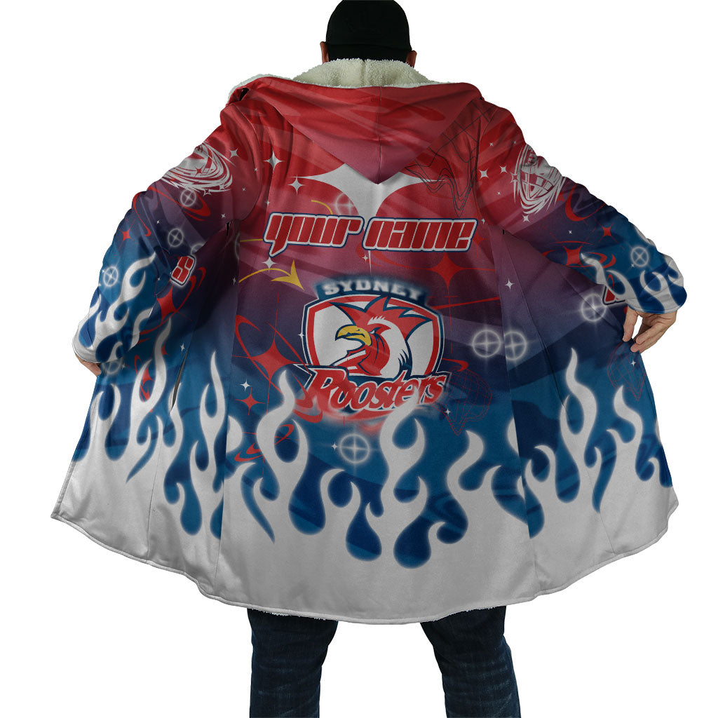 Personalized Sydney Roosters Cloak Y2K Grunge Aesthetic With Cyber Flames and Starburst Graphics
