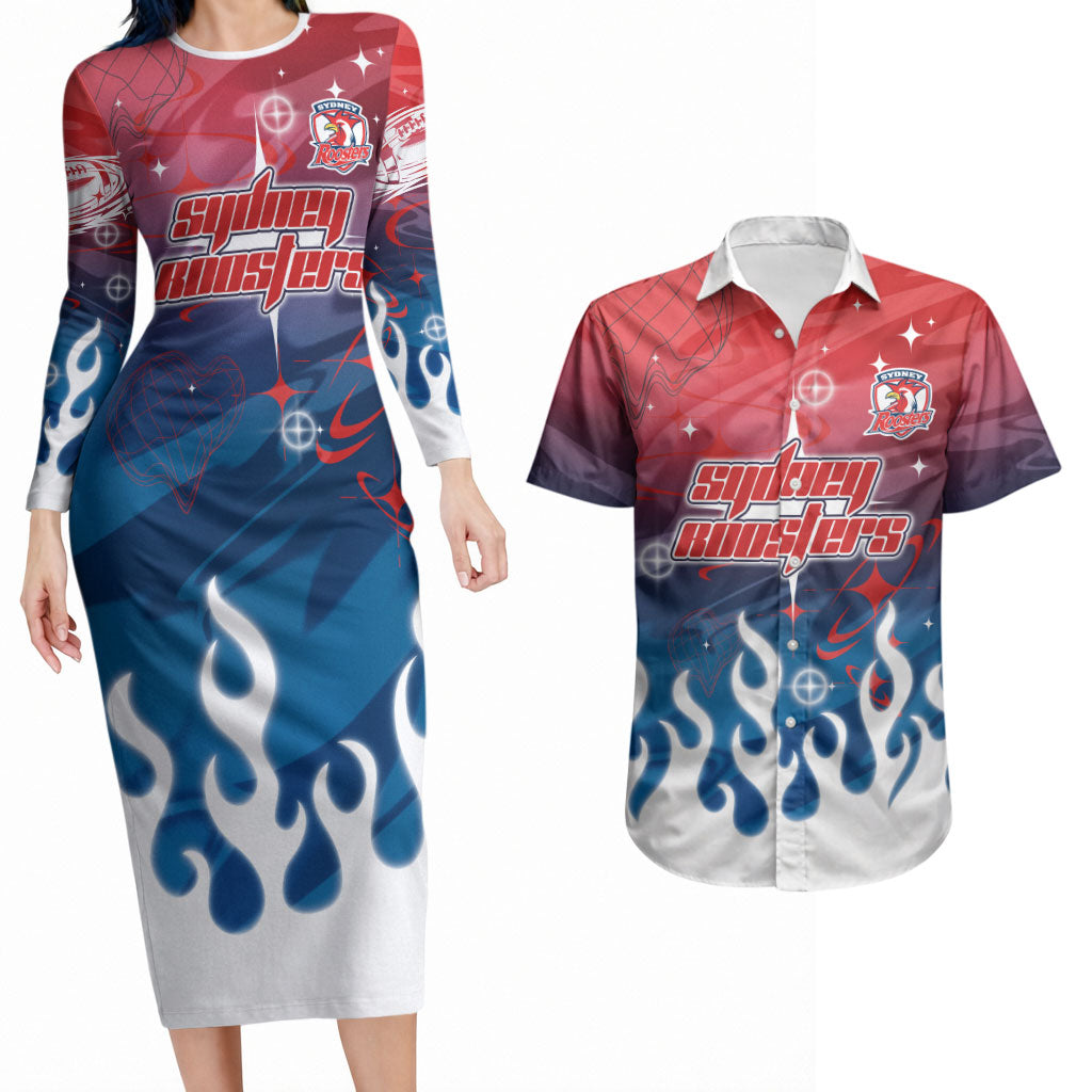 Personalized Sydney Roosters Couples Matching Long Sleeve Bodycon Dress and Hawaiian Shirt Y2K Grunge Aesthetic With Cyber Flames and Starburst Graphics