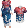 Personalized Sydney Roosters Couples Matching Long Sleeve Bodycon Dress and Hawaiian Shirt Y2K Grunge Aesthetic With Cyber Flames and Starburst Graphics
