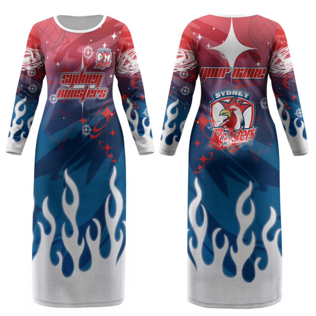 Personalized Sydney Roosters Couples Matching Long Sleeve Bodycon Dress and Hawaiian Shirt Y2K Grunge Aesthetic With Cyber Flames and Starburst Graphics