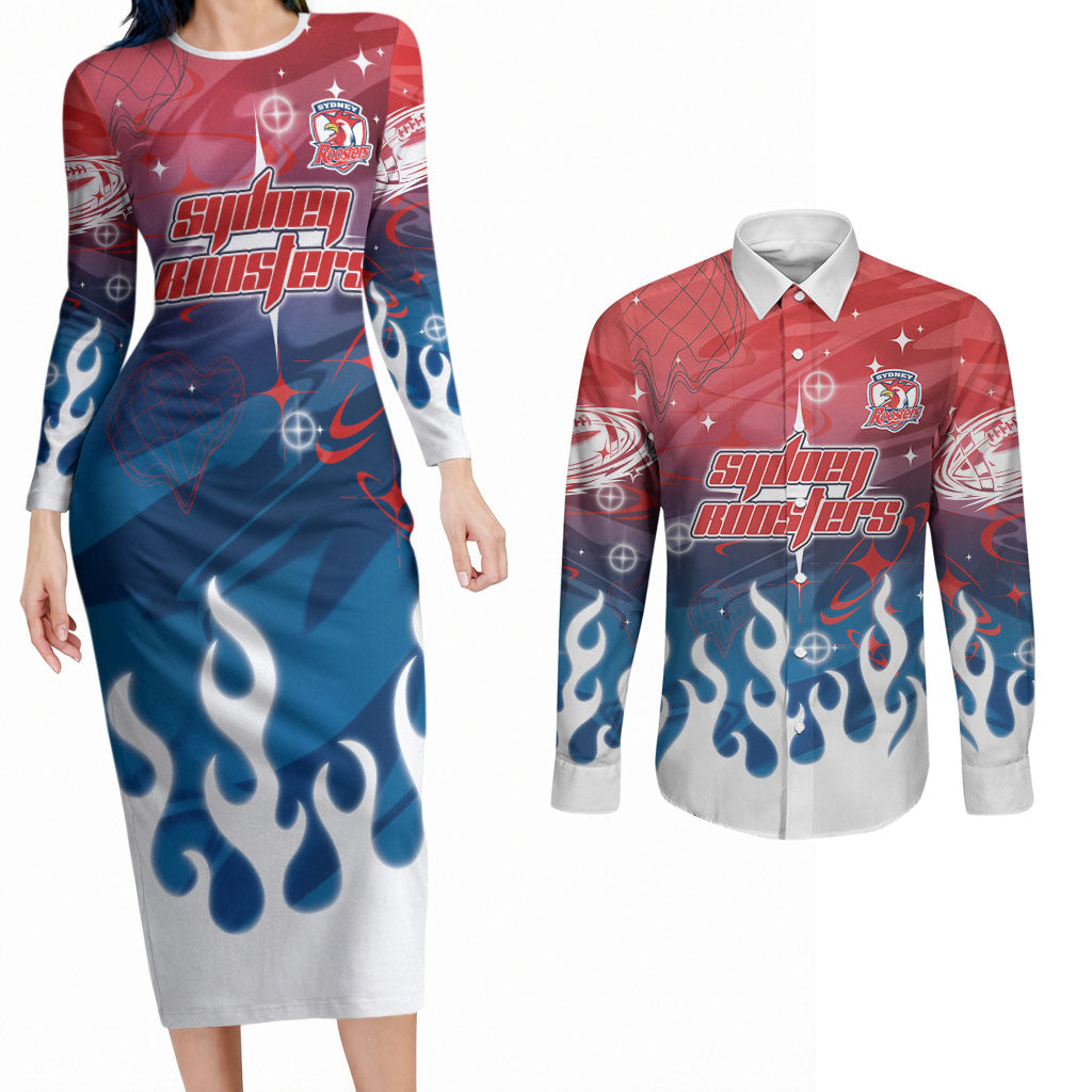 Personalized Sydney Roosters Couples Matching Long Sleeve Bodycon Dress and Long Sleeve Button Shirt Y2K Grunge Aesthetic With Cyber Flames and Starburst Graphics