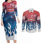Personalized Sydney Roosters Couples Matching Long Sleeve Bodycon Dress and Long Sleeve Button Shirt Y2K Grunge Aesthetic With Cyber Flames and Starburst Graphics