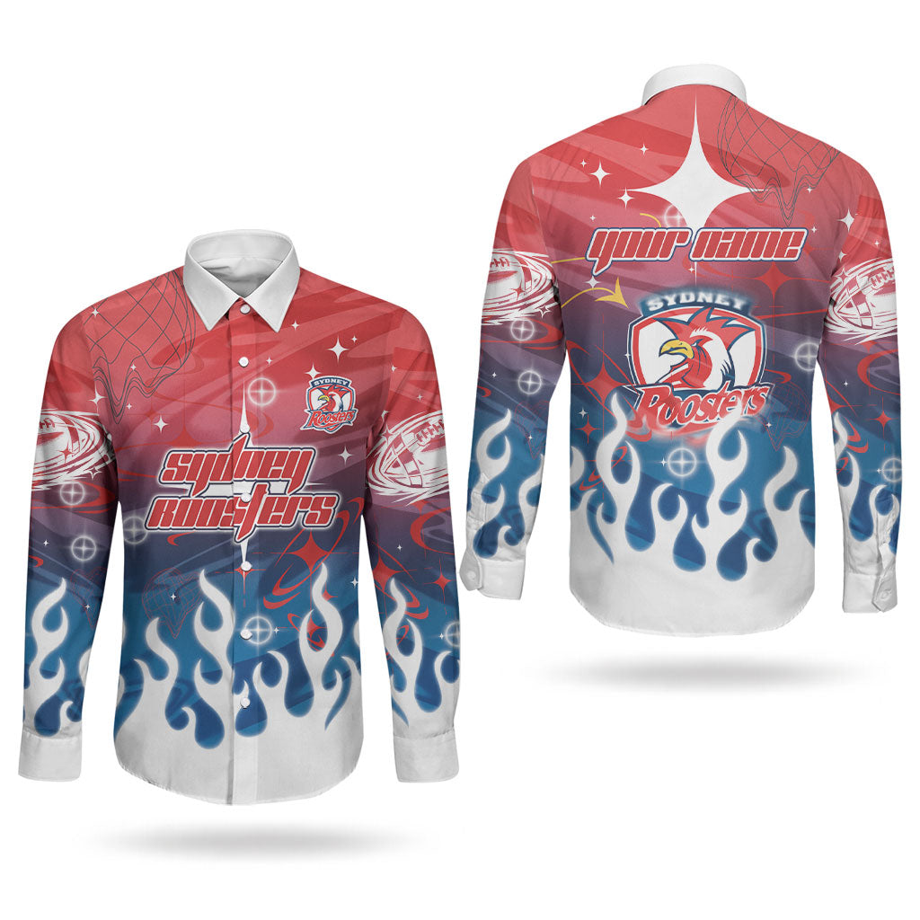 Personalized Sydney Roosters Couples Matching Long Sleeve Bodycon Dress and Long Sleeve Button Shirt Y2K Grunge Aesthetic With Cyber Flames and Starburst Graphics