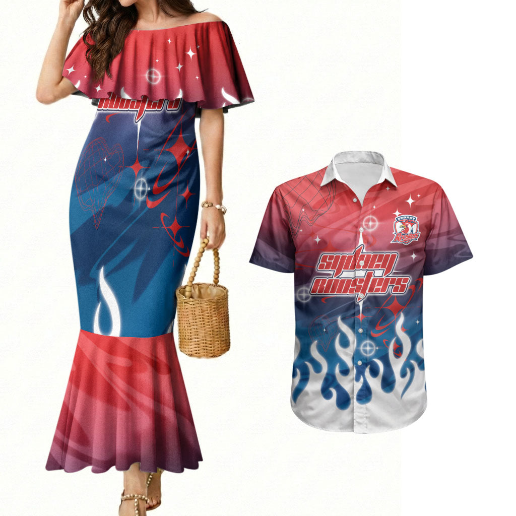 Personalized Sydney Roosters Couples Matching Mermaid Dress and Hawaiian Shirt Y2K Grunge Aesthetic With Cyber Flames and Starburst Graphics