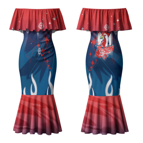 Personalized Sydney Roosters Couples Matching Mermaid Dress and Hawaiian Shirt Y2K Grunge Aesthetic With Cyber Flames and Starburst Graphics