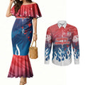 Personalized Sydney Roosters Couples Matching Mermaid Dress and Long Sleeve Button Shirt Y2K Grunge Aesthetic With Cyber Flames and Starburst Graphics