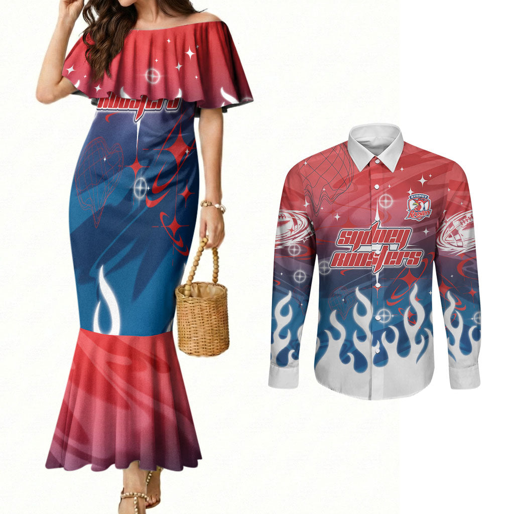 Personalized Sydney Roosters Couples Matching Mermaid Dress and Long Sleeve Button Shirt Y2K Grunge Aesthetic With Cyber Flames and Starburst Graphics