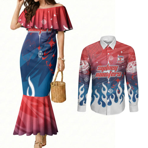 Personalized Sydney Roosters Couples Matching Mermaid Dress and Long Sleeve Button Shirt Y2K Grunge Aesthetic With Cyber Flames and Starburst Graphics