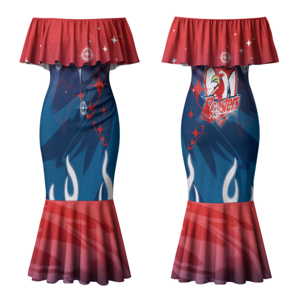 Personalized Sydney Roosters Couples Matching Mermaid Dress and Long Sleeve Button Shirt Y2K Grunge Aesthetic With Cyber Flames and Starburst Graphics