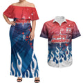 Personalized Sydney Roosters Couples Matching Off Shoulder Maxi Dress and Hawaiian Shirt Y2K Grunge Aesthetic With Cyber Flames and Starburst Graphics