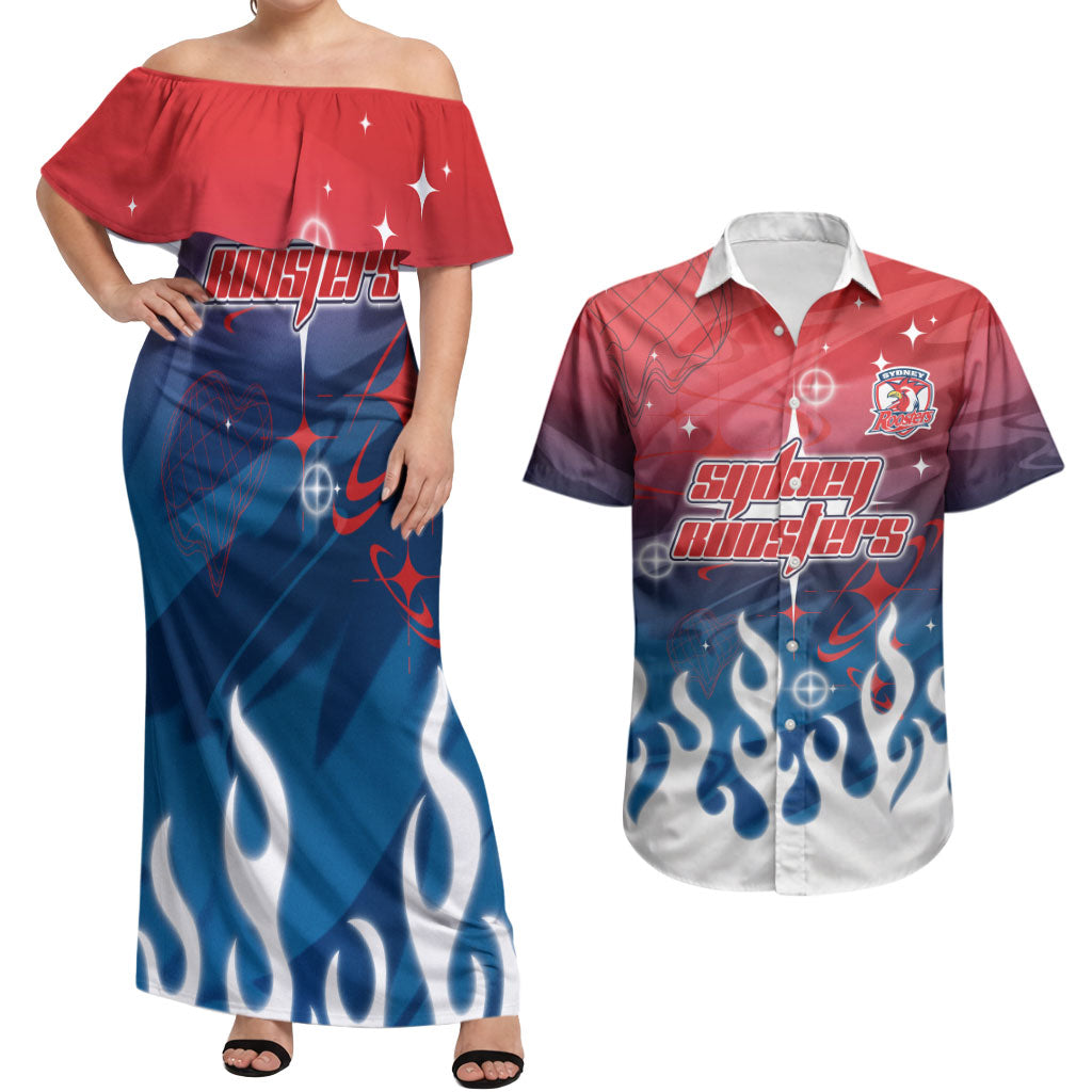 Personalized Sydney Roosters Couples Matching Off Shoulder Maxi Dress and Hawaiian Shirt Y2K Grunge Aesthetic With Cyber Flames and Starburst Graphics