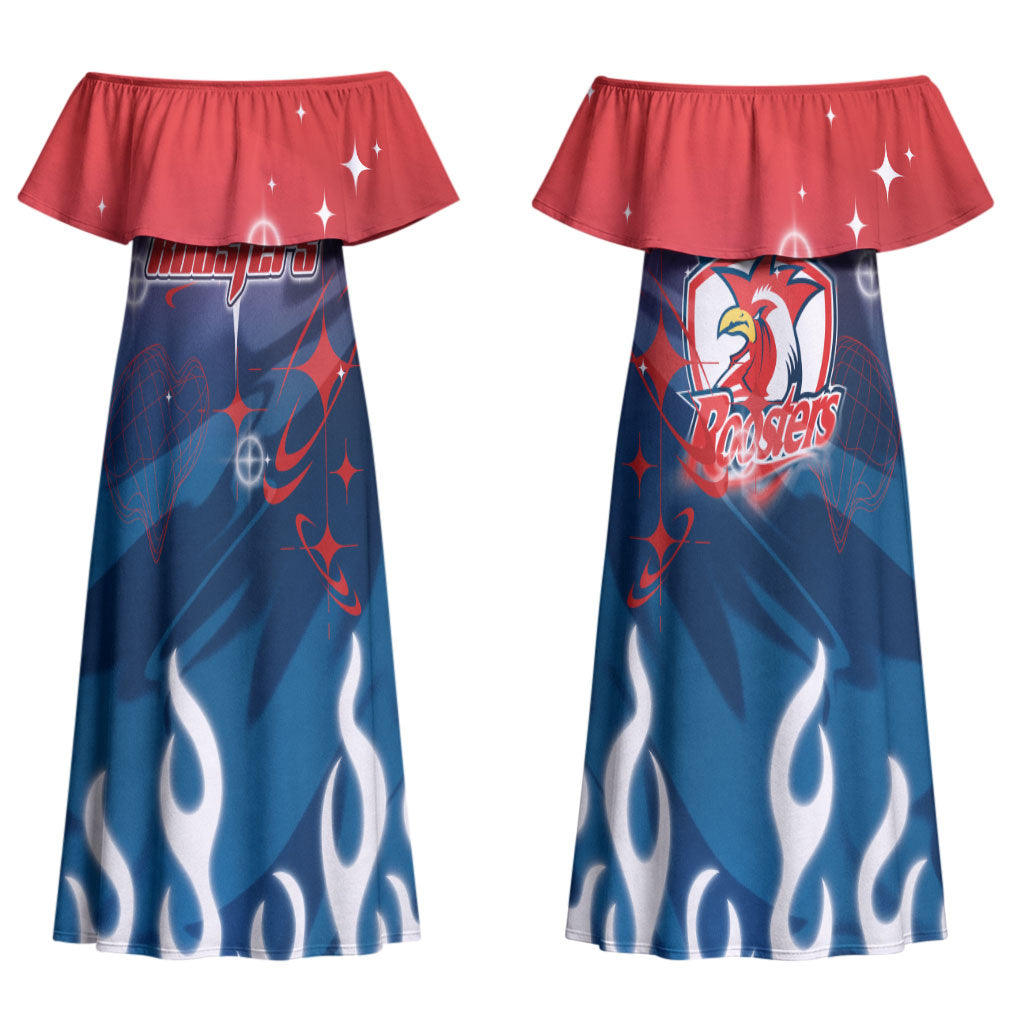 Personalized Sydney Roosters Couples Matching Off Shoulder Maxi Dress and Hawaiian Shirt Y2K Grunge Aesthetic With Cyber Flames and Starburst Graphics