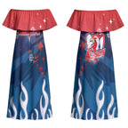 Personalized Sydney Roosters Couples Matching Off Shoulder Maxi Dress and Hawaiian Shirt Y2K Grunge Aesthetic With Cyber Flames and Starburst Graphics