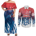 Personalized Sydney Roosters Couples Matching Off Shoulder Maxi Dress and Long Sleeve Button Shirt Y2K Grunge Aesthetic With Cyber Flames and Starburst Graphics