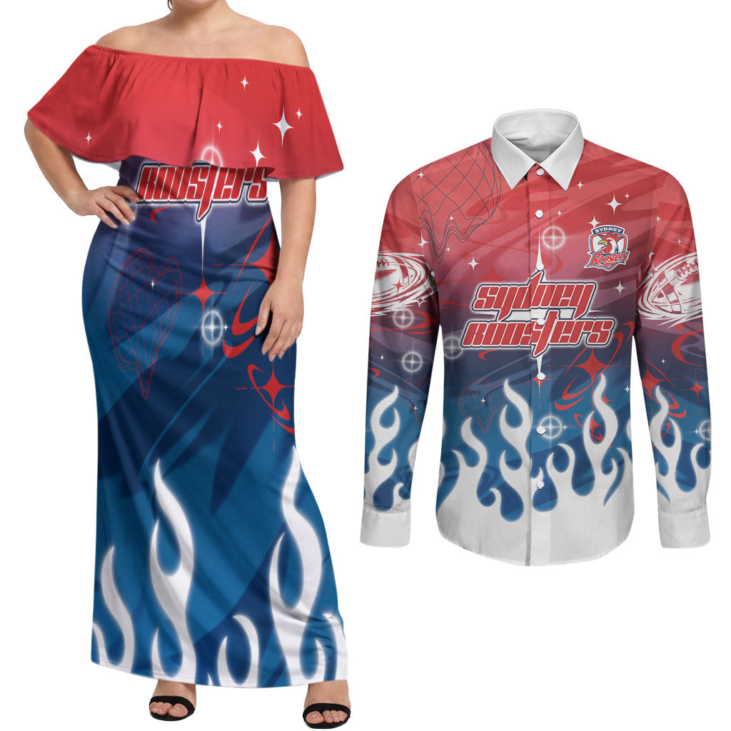 Personalized Sydney Roosters Couples Matching Off Shoulder Maxi Dress and Long Sleeve Button Shirt Y2K Grunge Aesthetic With Cyber Flames and Starburst Graphics