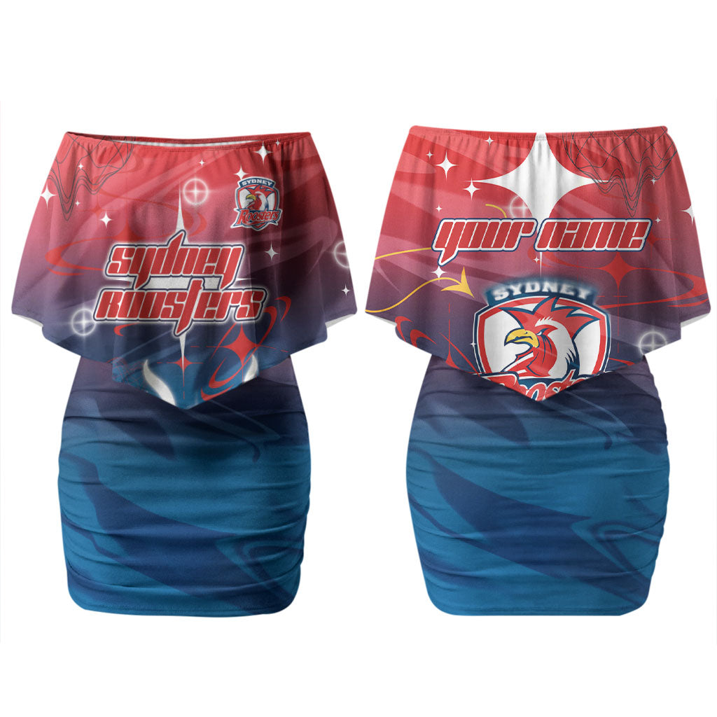 Personalized Sydney Roosters Couples Matching Off Shoulder Short Dress and Hawaiian Shirt Y2K Grunge Aesthetic With Cyber Flames and Starburst Graphics