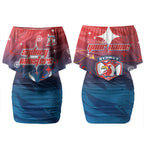 Personalized Sydney Roosters Couples Matching Off Shoulder Short Dress and Hawaiian Shirt Y2K Grunge Aesthetic With Cyber Flames and Starburst Graphics