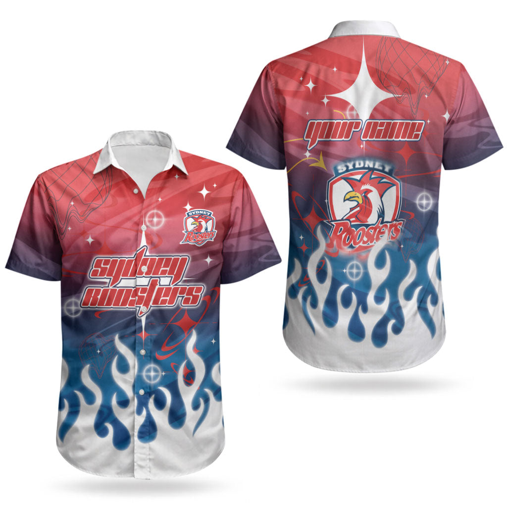 Personalized Sydney Roosters Couples Matching Off Shoulder Short Dress and Hawaiian Shirt Y2K Grunge Aesthetic With Cyber Flames and Starburst Graphics
