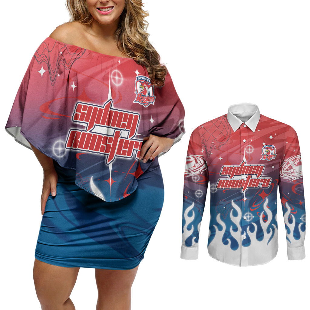 Personalized Sydney Roosters Couples Matching Off Shoulder Short Dress and Long Sleeve Button Shirt Y2K Grunge Aesthetic With Cyber Flames and Starburst Graphics