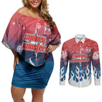 Personalized Sydney Roosters Couples Matching Off Shoulder Short Dress and Long Sleeve Button Shirt Y2K Grunge Aesthetic With Cyber Flames and Starburst Graphics