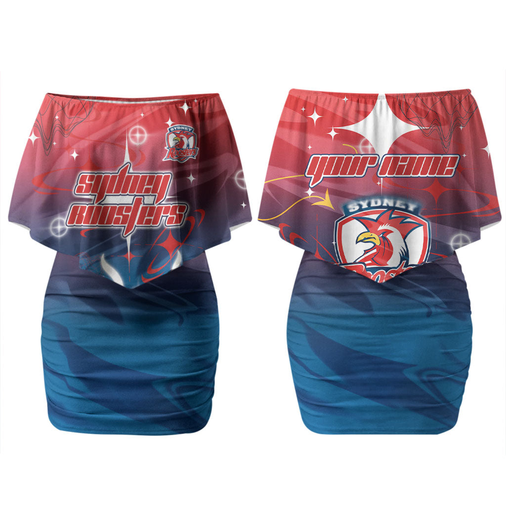 Personalized Sydney Roosters Couples Matching Off Shoulder Short Dress and Long Sleeve Button Shirt Y2K Grunge Aesthetic With Cyber Flames and Starburst Graphics