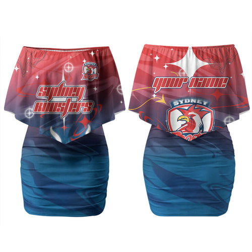Personalized Sydney Roosters Couples Matching Off Shoulder Short Dress and Long Sleeve Button Shirt Y2K Grunge Aesthetic With Cyber Flames and Starburst Graphics