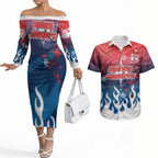 Personalized Sydney Roosters Couples Matching Off The Shoulder Long Sleeve Dress and Hawaiian Shirt Y2K Grunge Aesthetic With Cyber Flames and Starburst Graphics
