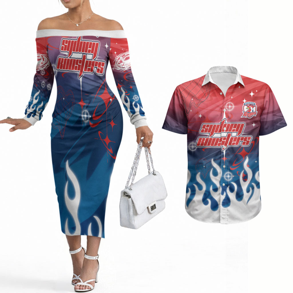 Personalized Sydney Roosters Couples Matching Off The Shoulder Long Sleeve Dress and Hawaiian Shirt Y2K Grunge Aesthetic With Cyber Flames and Starburst Graphics