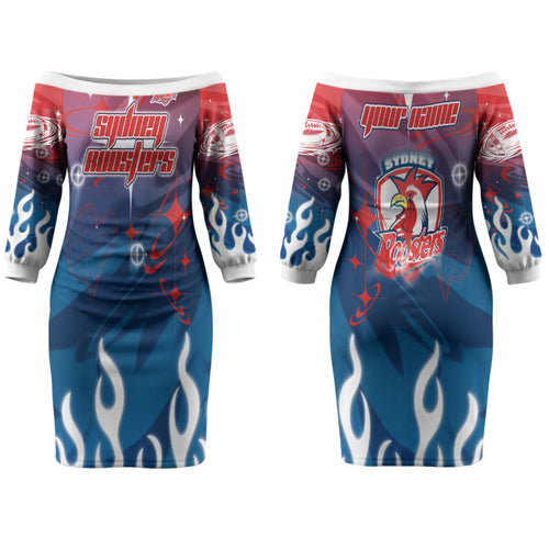 Personalized Sydney Roosters Couples Matching Off The Shoulder Long Sleeve Dress and Hawaiian Shirt Y2K Grunge Aesthetic With Cyber Flames and Starburst Graphics