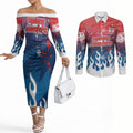 Personalized Sydney Roosters Couples Matching Off The Shoulder Long Sleeve Dress and Long Sleeve Button Shirt Y2K Grunge Aesthetic With Cyber Flames and Starburst Graphics