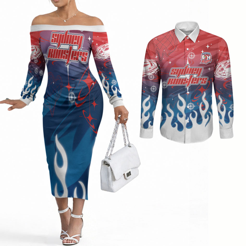 Personalized Sydney Roosters Couples Matching Off The Shoulder Long Sleeve Dress and Long Sleeve Button Shirt Y2K Grunge Aesthetic With Cyber Flames and Starburst Graphics