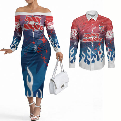 Personalized Sydney Roosters Couples Matching Off The Shoulder Long Sleeve Dress and Long Sleeve Button Shirt Y2K Grunge Aesthetic With Cyber Flames and Starburst Graphics