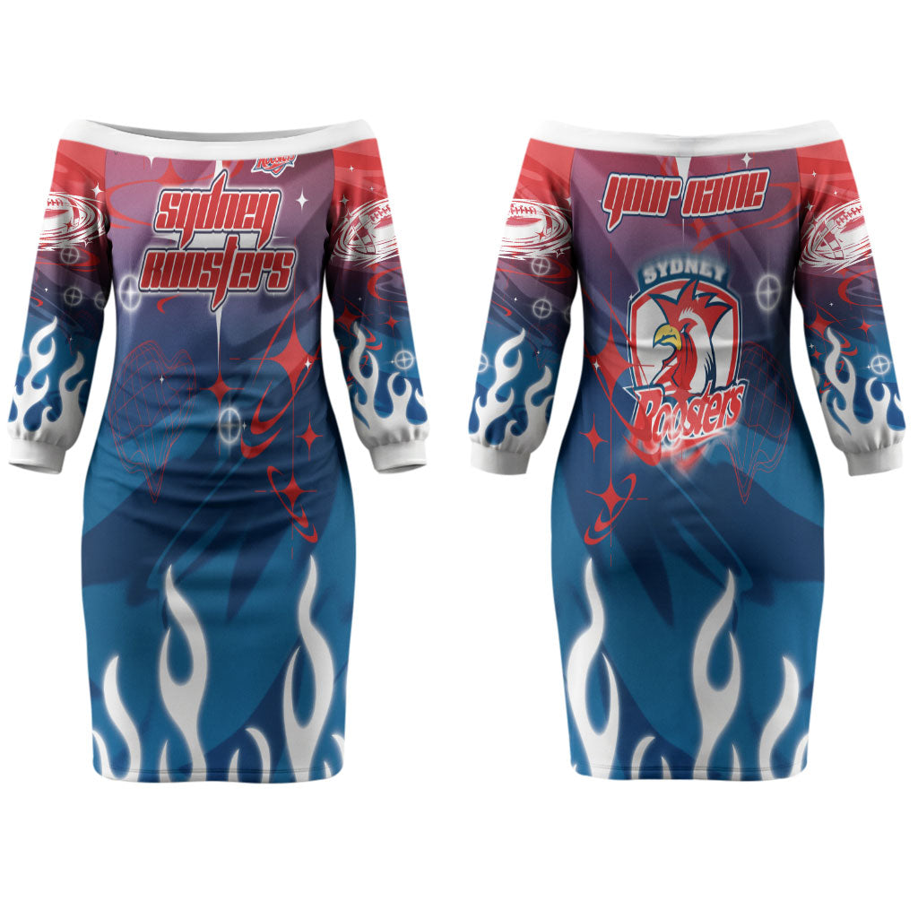 Personalized Sydney Roosters Couples Matching Off The Shoulder Long Sleeve Dress and Long Sleeve Button Shirt Y2K Grunge Aesthetic With Cyber Flames and Starburst Graphics